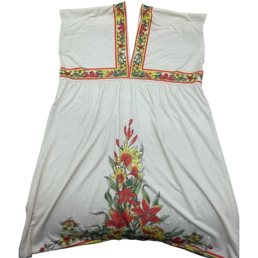 Karen T dress v neck floral border knee high polyester blend white medium READ